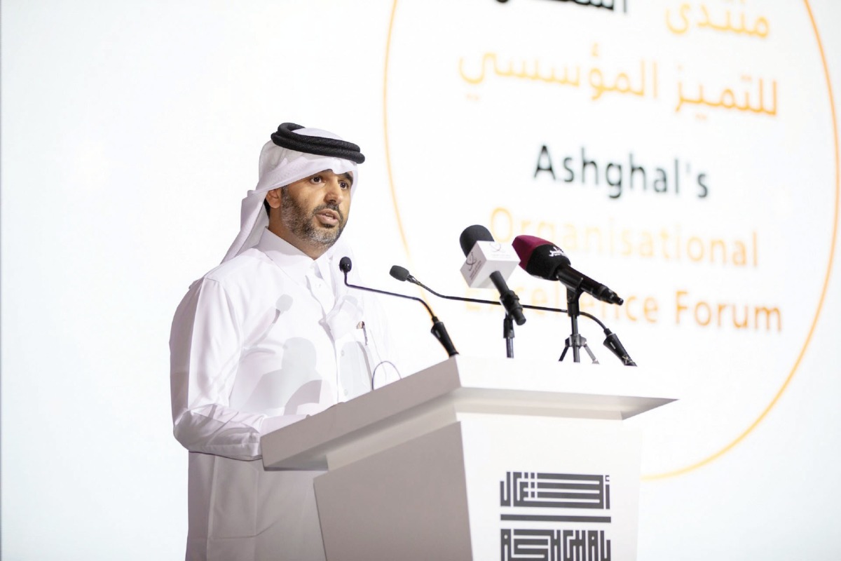 President of Civil Service and Government Development Bureau H E Abdulaziz bin Nasser Al Khalifa addressing Ashghal’s Organisational Excellence Forum in Doha, yesterday.