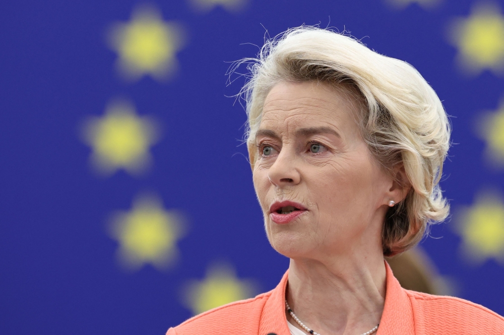EU Commission President Ursula von der Leyen gives her annual State of the Union address during a plenary session at the European Parliament in Strasbourg, eastern France, on September 13, 2023. Photo by FREDERICK FLORIN / AFP