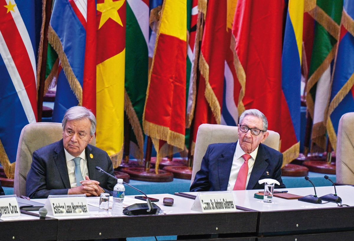 United States General Secretary Antonio Guterres (left) and Cuban former president Raul Castro attending the inaugural session of the G77+China Summit at the Convention Palace in Havana, yesterday.