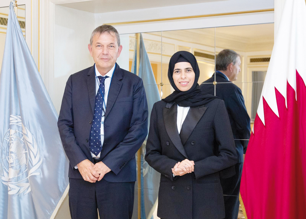 Minister of State for International Cooperation at MoFA H E Lolwah bint Rashid Al Khater with UNRWA Commissioner-General H E Philippe Lazzarini in New York.