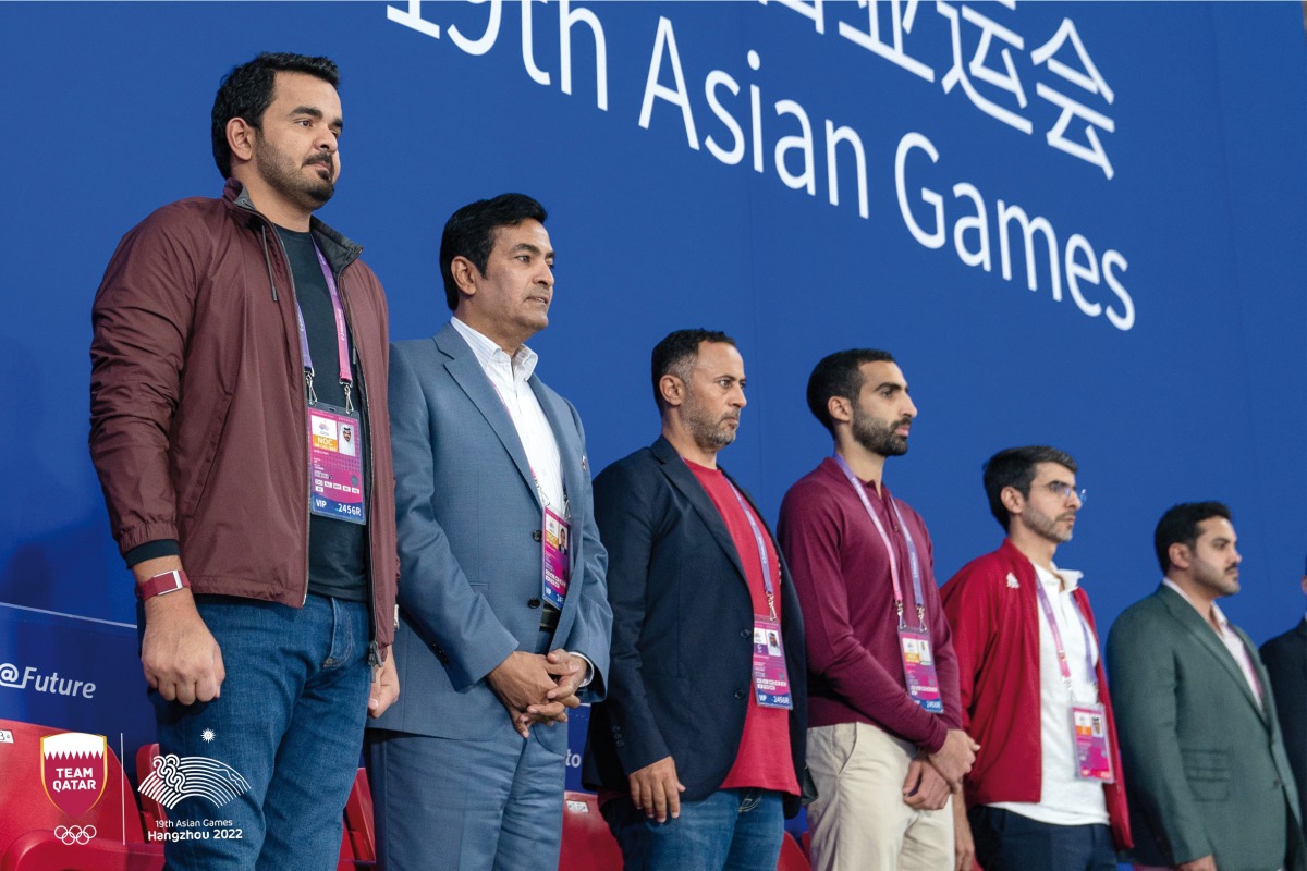 Qatar Olympic Committee President H E Sheikh Joaan bin Hamad Al Thani attends Qatar's football match against Palestine during the 19th Asian Games in Hangzhou, China, yesterday.