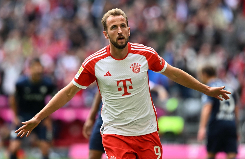 Bayern Munich's English forward #09 Harry Kane celebrates after scoring the 2-0 goal during the German first division Bundesliga football match between 1. FC Bayern Munich and VfL Bochum in Munich, southern Germany, on September 23, 2023.