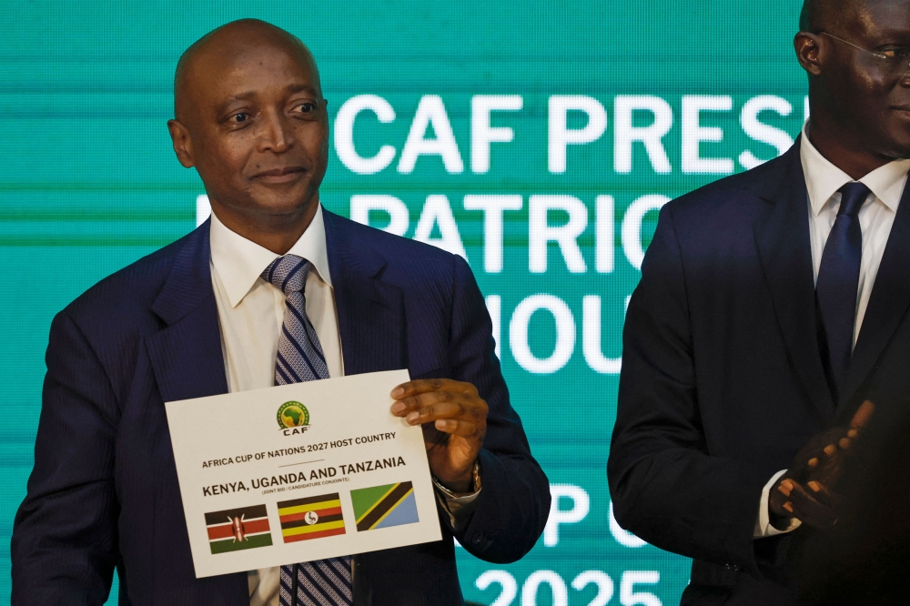 Patrice Motsepe, president of the Confederation of African Football (CAF), announces the host countries for the 2027 Africa Cup of Nations during a ceremony held in Cairo on September 27, 2023. (Photo by Khaled Desouki / AFP)

