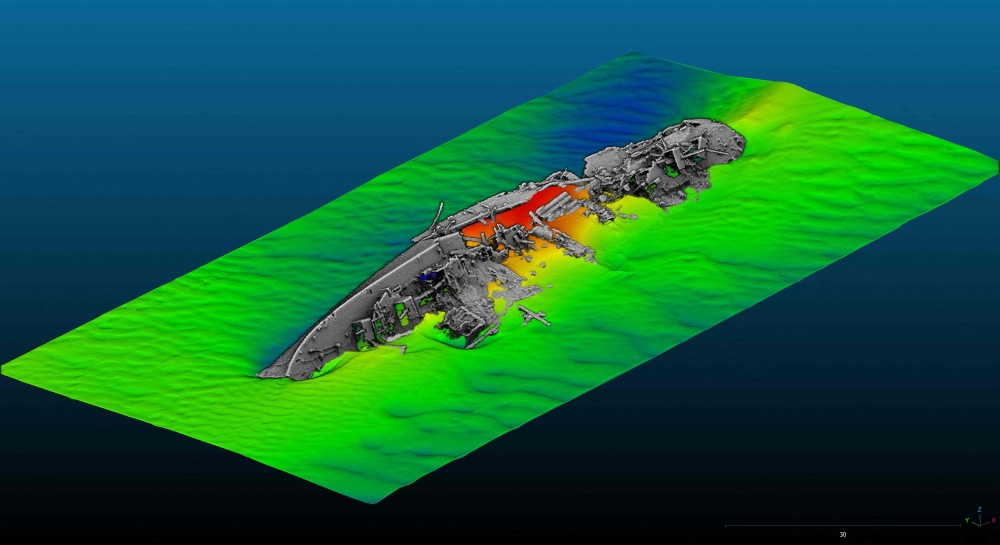 This handout image made available on October 12, 2023, by the Departement des Recherches Archeologiques Subaquatiques et Sous-Marines (Department of Subaquatic and Underwater Archeological Research) (DRASSM) and rendered by A. Rochat and M. James, shows multibeam 3D imaging of the wreck of British destroyer 
