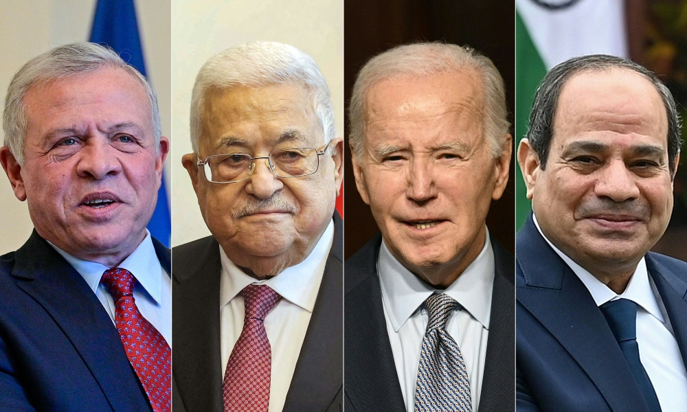 This combination of pictures created on October 16, 2023 shows (from left) Jordan's King Abdullah II, Palestinian President Mahmud Abbas, US President Joe Biden, and Egypt's President Abdel Fattah al-Sisi. (Photo by various sources / AFP)