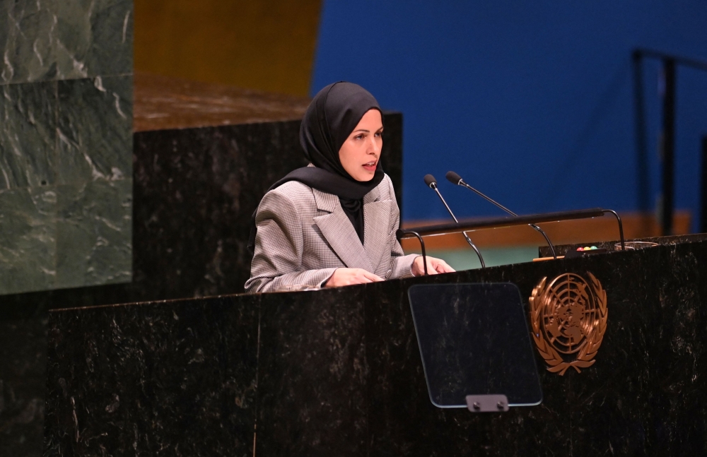 Permanent Representative of Qatar to the United Nations HE Alya Ahmed Saif Al Thani speaks at the United Nations headquarters in New York City on October 27, 2023. (Photo by Andrea Renault / AFP)