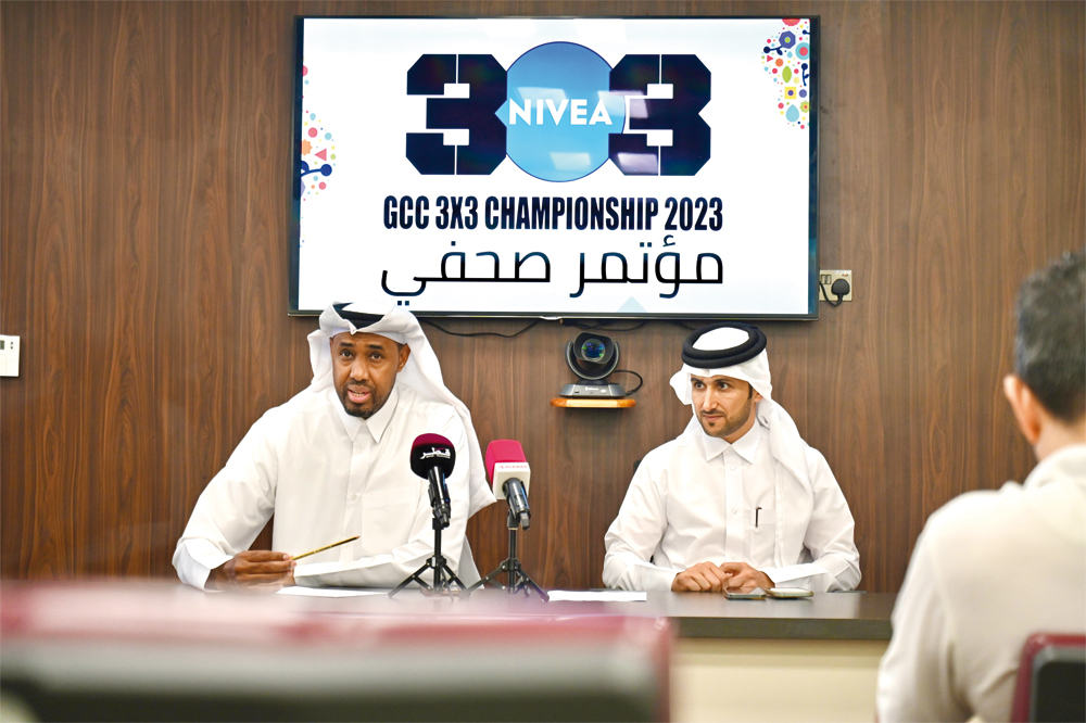 Deputy Director of Qatar National Basketball Teams Yassin Ismail (left) and Chairman of the QBF Media Committee Dr. Khaled Al Qahtani during a press conference yesterday.  