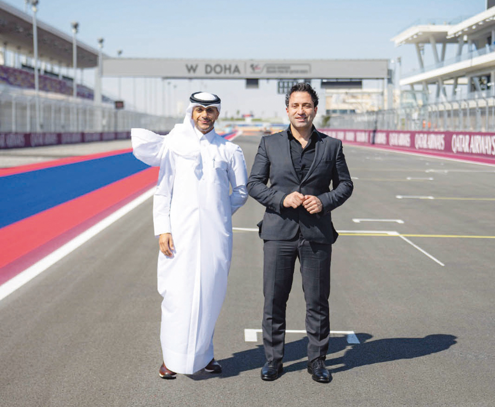 Executive Director of Qatar Motor and Motorcycle Federation and CEO of Lusail International Circuit Amro Al Hamad and General Manager of W Doha Wassim Daageh during the event at Lusail International Circuit track.