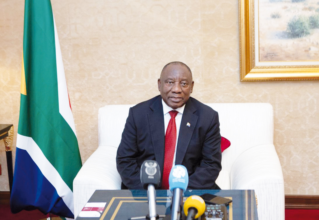 South African President H E Cyril Ramaphosa speaking during a meeting with business people and mediapersons in Doha, yesterday.