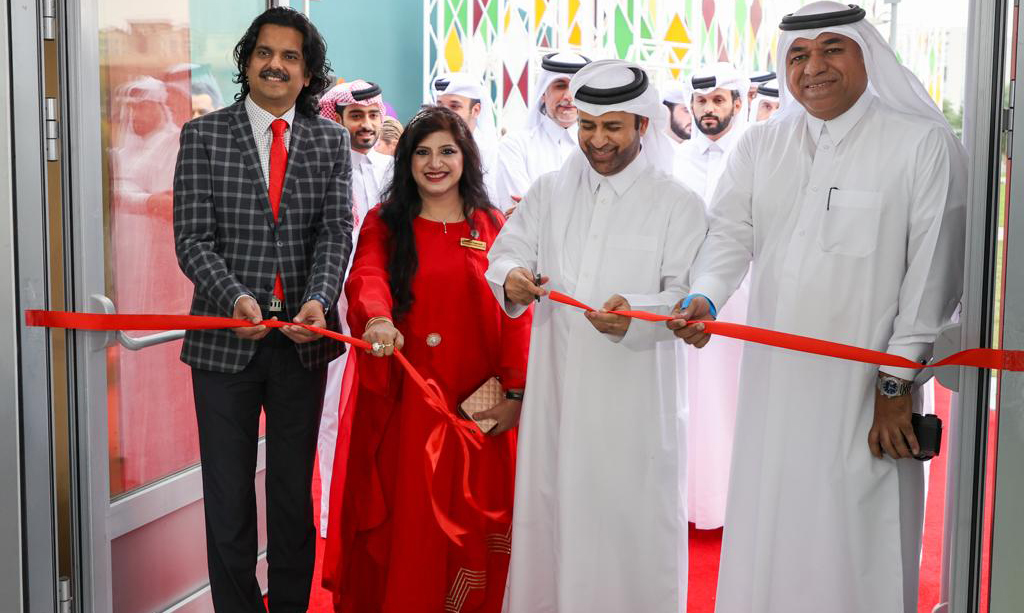 Cultural Village Foundation-Katara General Manager, Prof Dr. Khalid bin Ibrahim Al Sulaiti (second right)), Fire Station Director, Khalifa Ahmad Al Obaidly (right), and Head of QIAF and Founder and President of the MAPS International WLL, Rashmi Agarwal (second left), along with other officials during the opening of QIAF at Expo 2023 Doha.