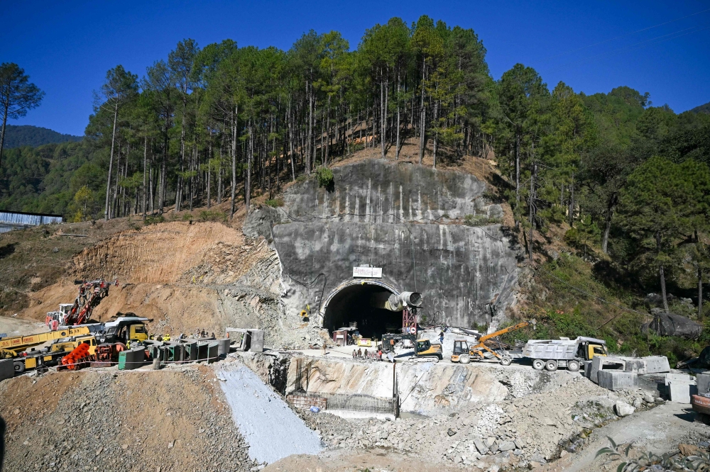 A view of the collapsed under construction Silkyara tunnel in the Uttarkashi district of India's Uttarakhand state, on November 24, 2023. Photo by Arun SANKAR / AFP
