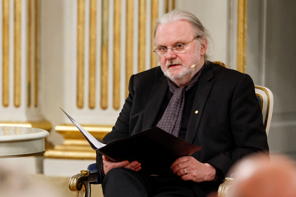 Norwegian author, playwright and laureate of the 2023 Literature Nobel Prize, Jon Fosse gives his Nobel lecture at the Swedish Academy in Stockholm, Sweden, on December 7, 2023, ahead of the Nobel Prize ceremonies on December 10. (Photo by Fredrik Persson / TT News Agency / AFP) 
