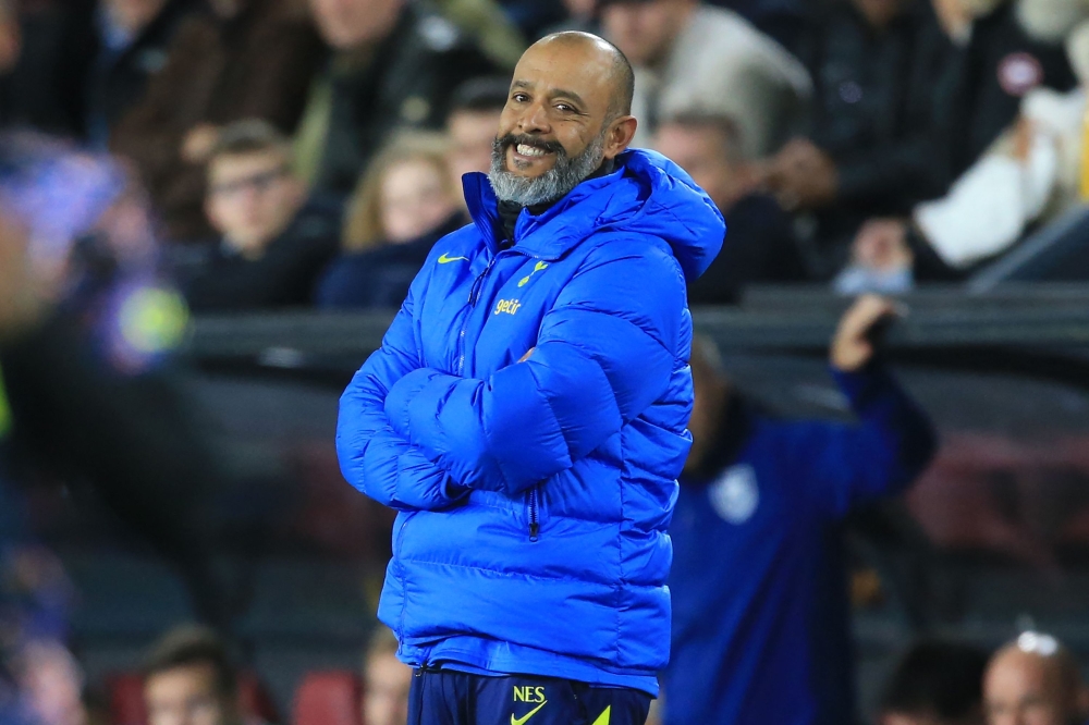 Tottenham Hotspur's Portuguese head coach Nuno Espirito Santo gestures on the touchline during the English League Cup round of 16 football match between Burnley and Tottenham Hotspur at Turf Moor in Burnley, north-west England on October 27, 2021. (Photo by Lindsey Parnaby / AFP)