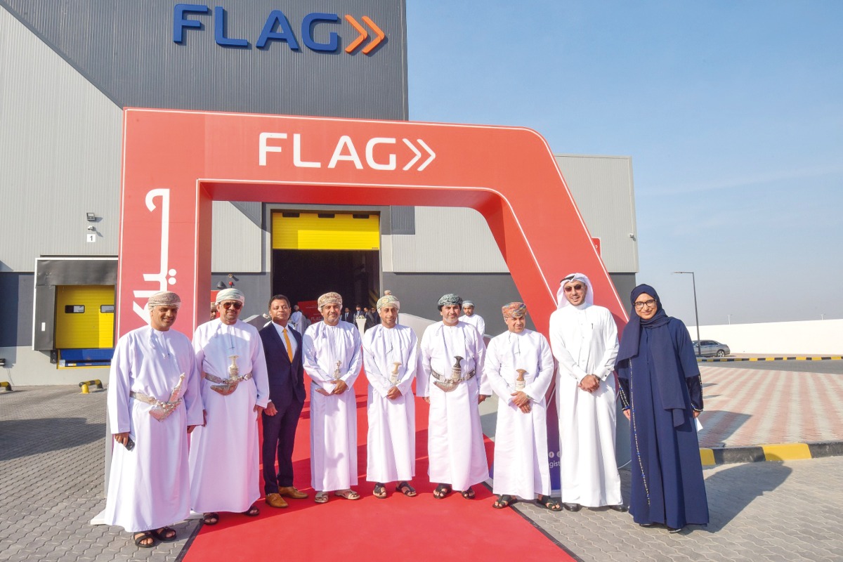 Undersecretary of the Ministry of Transport, Communications, and Information Technology for Transport, H E Eng. Khamis bin Mohammed Al Shamakhi; Khazaen Economic City CEO, Eng. Salim Al Thuhli; GWC Group CEO, Ranjeev Menon with other officials during the opening of logistics hub in Oman.
