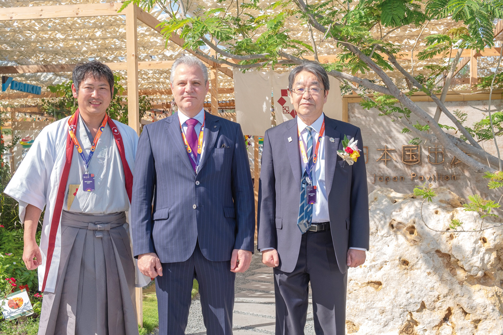 Ambassador of Japan to Qatar H E Satoshi Maeda (right), Nassim Mourani, General Manager Automotive Group at Saleh Al Hamad Al Mana Company (centre), and Kiyohito Tamotsu, Japanese Landscape Producer at the Japanese pavilion.