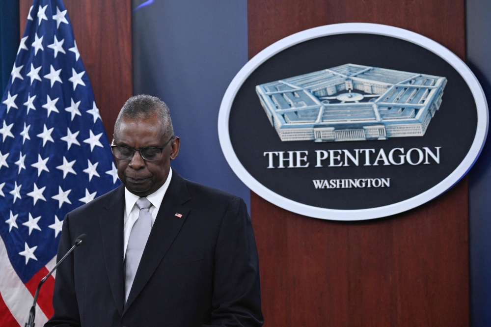 US Defense Secretary Lloyd Austin pauses while speaking during a press conference at the Pentagon in Washington, DC, on February 1, 2024. (Photo by Andrew Caballero-Reynolds / AFP)