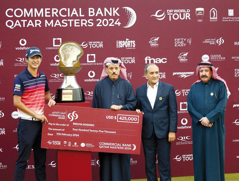 FROM LEFT: Commercial Bank Qatar Masters winner Rikuya Hoshino of Japan, Commercial Bank’s Board Member Abdul Rahman bin Hamad Al Attiyah, Commercial Bank’s Group CEO Joseph Abraham and Qatar Golf Association President Hassan Al Naimi at the presentation ceremony.  