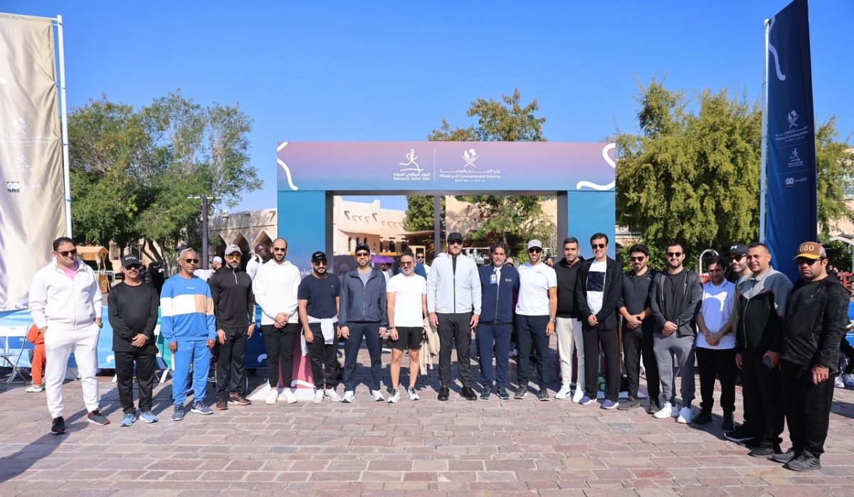 Minister of Commerce and Industry, H E Sheikh Mohammed bin Hamad bin Qassim Al Thani, with other officials on the occasion of Qatar National Sport Day at Katara Cultural Village.