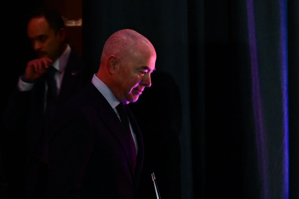 (Files) US Homeland Security Secretary Alejandro Mayorkas arrives for a news conference in Las Vegas, Nevada on February 7, 2024. (Photo by Patrick T. Fallon / AFP)
