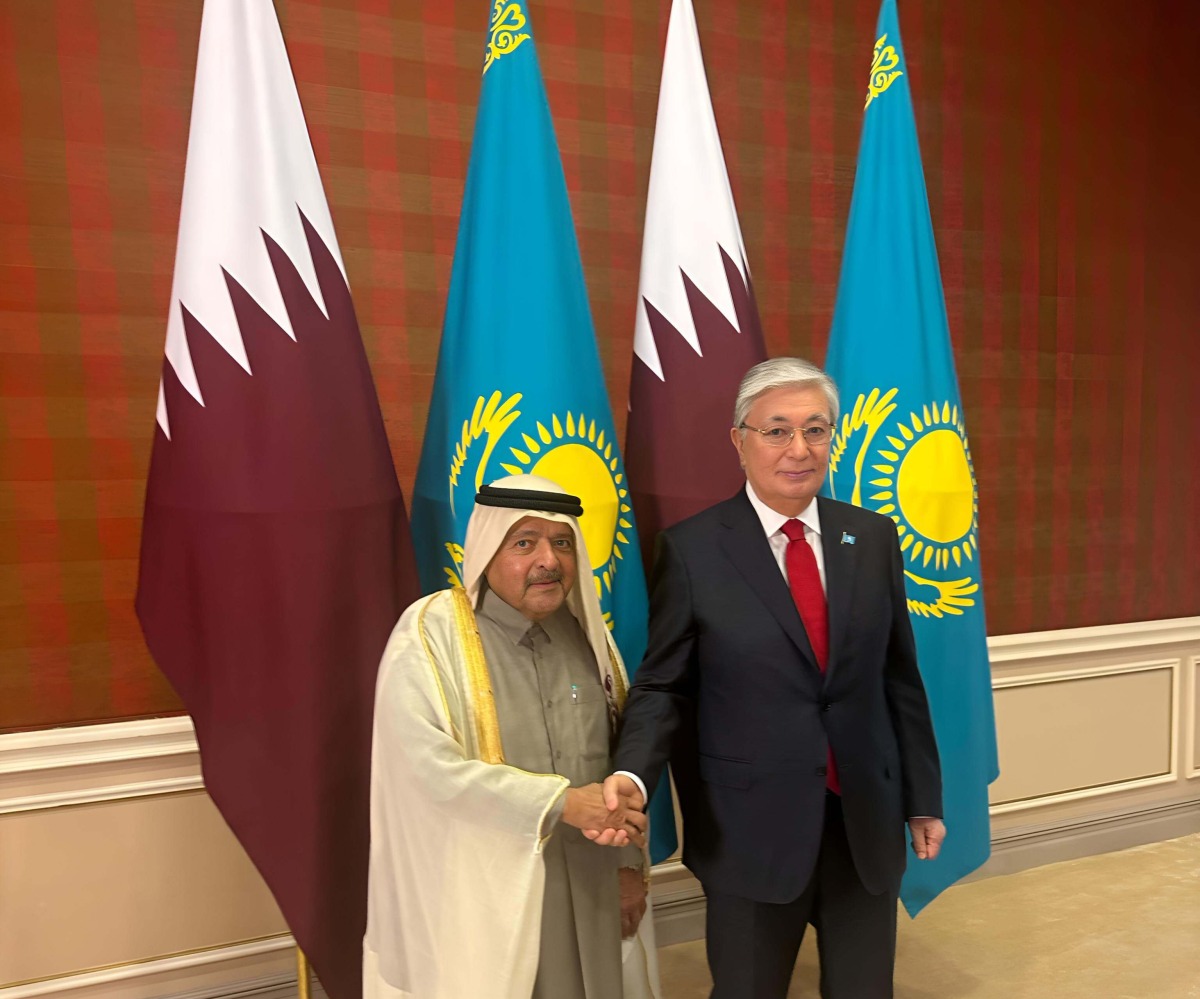 QBA Chairman Sheikh Faisal bin Qassim Al Thani with the President of the Republic of Kazakhstan, H E Kassym-Jomart Tokayev during the meeting yesterday. 