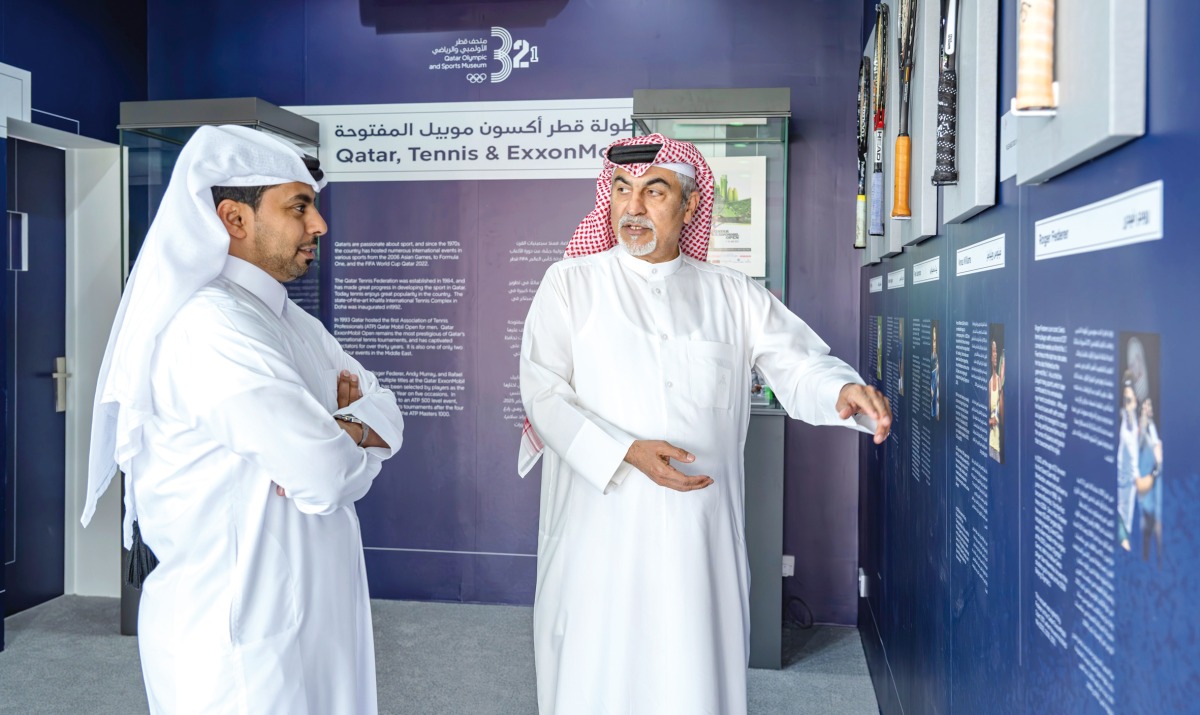Director of 3-2-1 Qatar Olympic and Sports Museum Abdulla Al Mulla (right) and Vice President Strategic Relations - ExxonMobil Qatar Rashid Al Khayareen visiting the exhibition. 