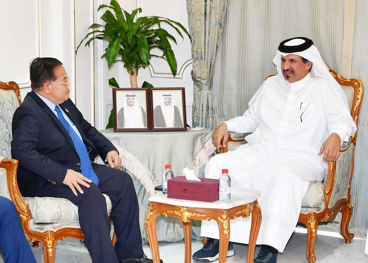 QC First Vice-Chairman Mohamed bin Ahmed bin Twar Al Kuwari with Special Envoy of the Royal Government of Cambodia H E Dr Othsman Hassan during the meeting.