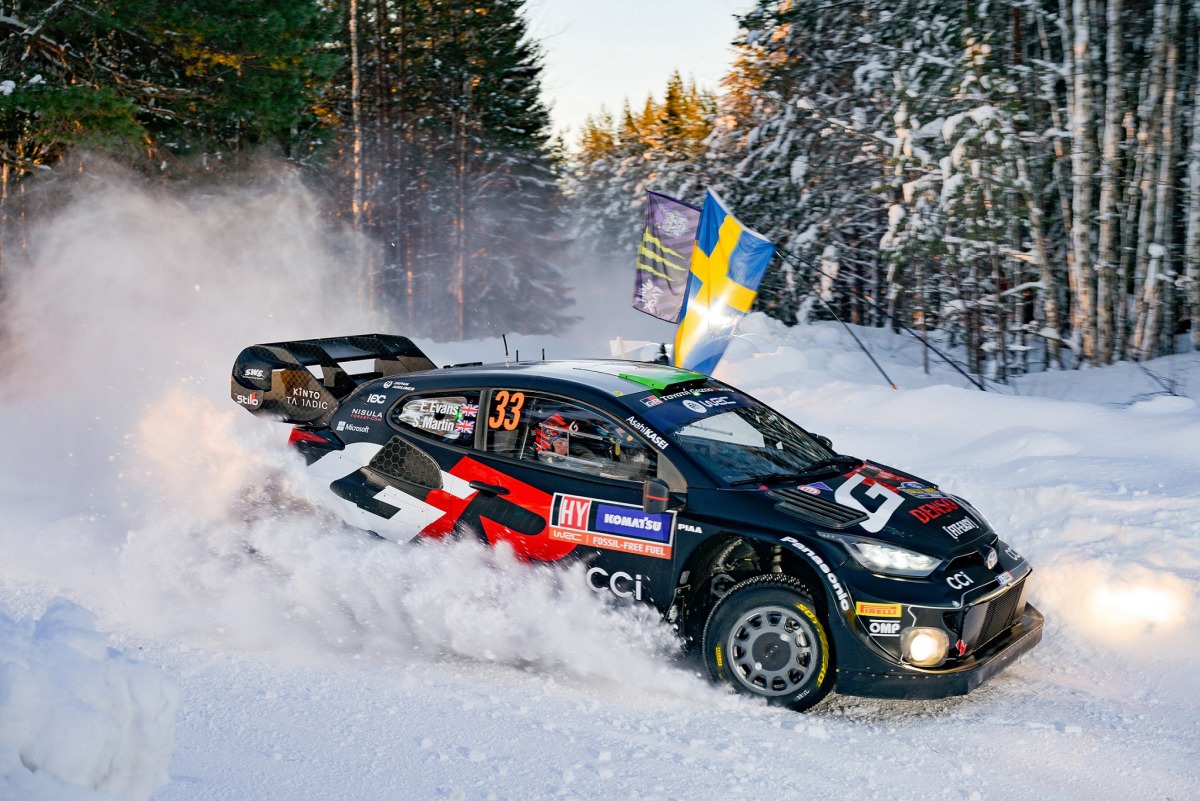 Toyota Gazoo Racing (TGR) World Rally Team's No. 33 Toyota GR Yaris Rally1 Hybrid Electric Vehicle during the 2024 Rally Sweden.