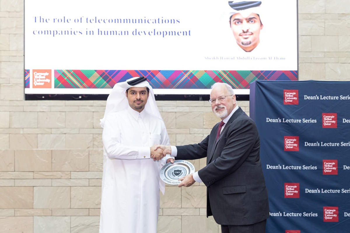 Sheikh Hamad Abdulla Jassim Al Thani, Chief Executive Officer of Vodafone Qatar, with CMU-Q dean Michael Trick.