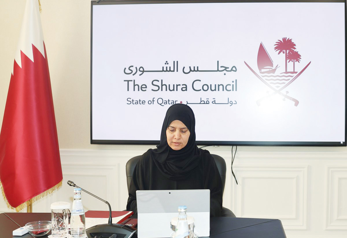 Deputy Speaker of the Shura Council H E Dr. Hamda bint Hassan Al Sulaiti taking part in a roundtable organised by the Arab parliamentarians coalition to combat violence against women via videoconferencing yesterday.