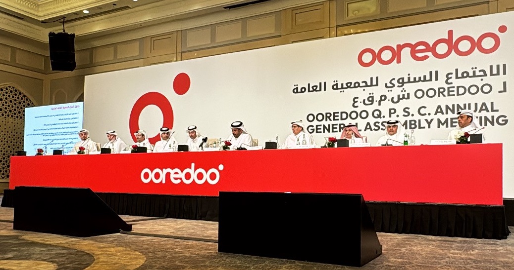 Chairman of Ooredoo, Sheikh Faisal bin Thani Al Thani along with other officials during the annual general meeting, yesterday.