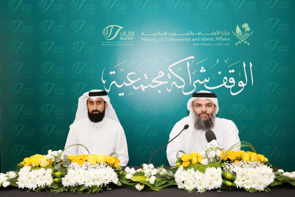 Director of General Directorate of Endowments Dr. Sheikh Khalid bin Mohammed bin Ghanem Al Thani (right) and Executive Director of Hifz Al Namaa Center Ayed Al Qahtani during a press conference.