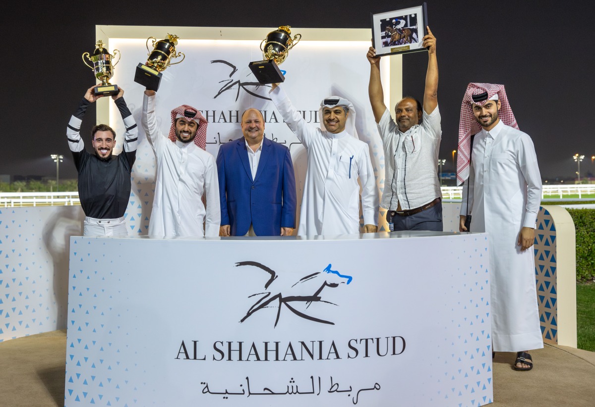 The connections of Aemilianus celebrate after Marco Casamento guided the Sheikh Mohammed bin Salman M Al Thani-owned five-year-old won the Group 2 HH Sheikh Mohammed Bin Khalifa Al Thani Trophy at the Qatar Racing and Equestrian Club. PICTURES: JUHAIM/QREC