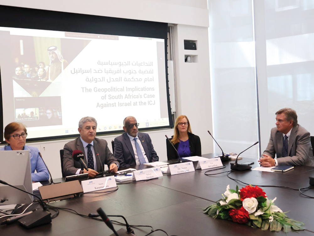 Ambassador of South Africa to Qatar H E Ghulam Hoosein Asmal (centre), H E Androulla Kaminara, Distinguished Diplomat in Residence, Georgetown University in Qatar, Susan L Karamanian, Dean, HBKU’s College of Law, and Dr. Erin McCandless, Distinguished Visiting Professor of Public Value, HBKU’s College of Public Policy, during the event.
