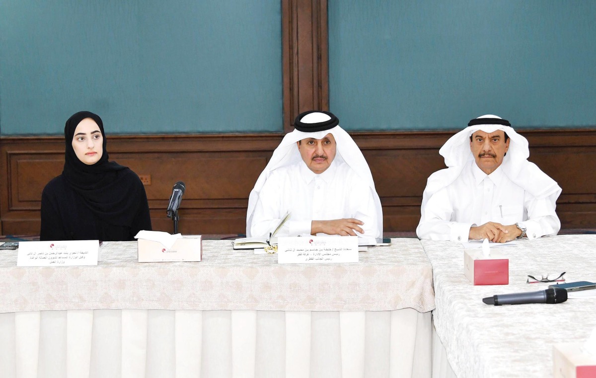 Assistant Undersecretary for Migrant Labour Affairs at the MoL, H E Sheikha Najwa bint Abdul Rahman with QC Chairman, Sheikh Khalifa bin Jassim, and QC Acting General Manager, Ali Al Mansouri during the meeting.