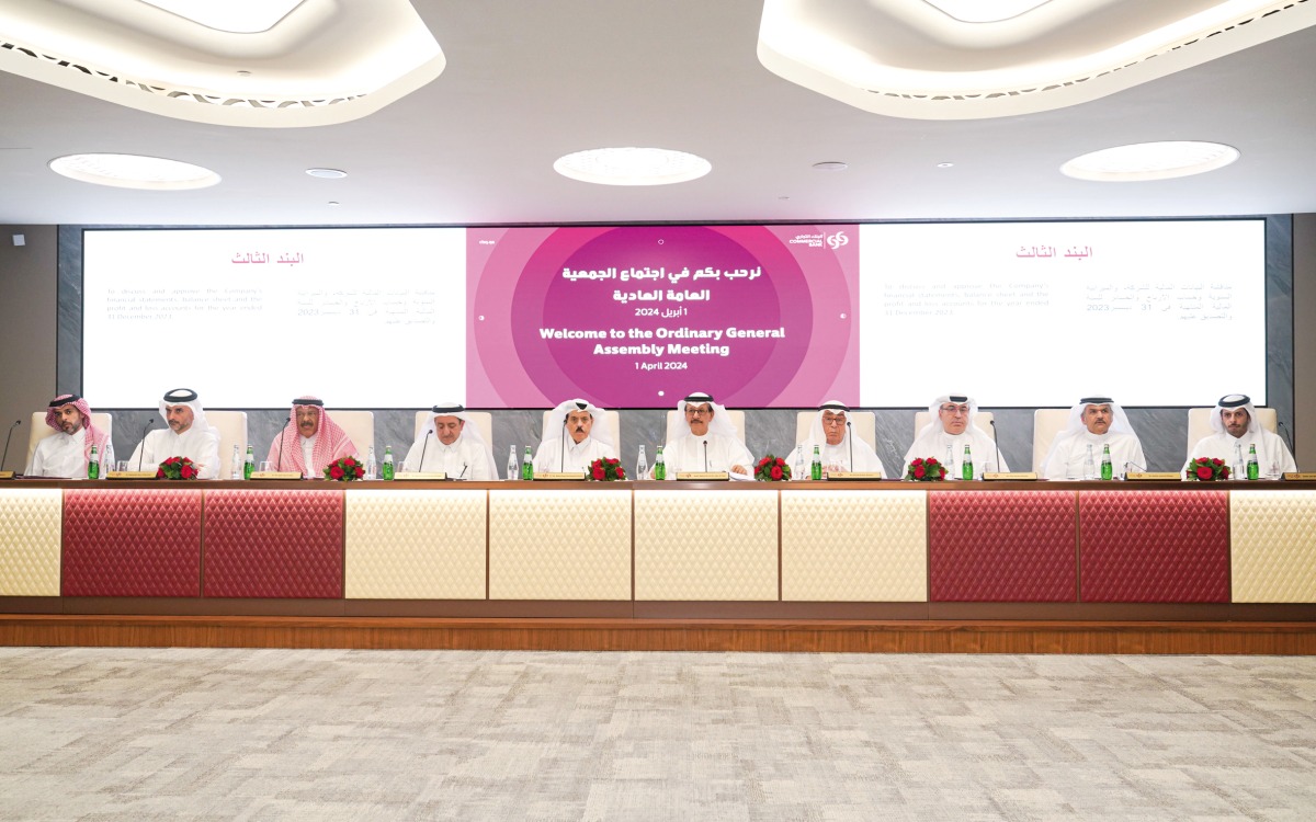 Commercial Bank Chairman Sheikh Abdulla bin Ali bin Jabor Al Thani with other officials during the Annual General Meeting, yesterday.