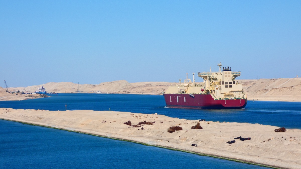 Liquified natural gas tanker crossing the Suez Canal.