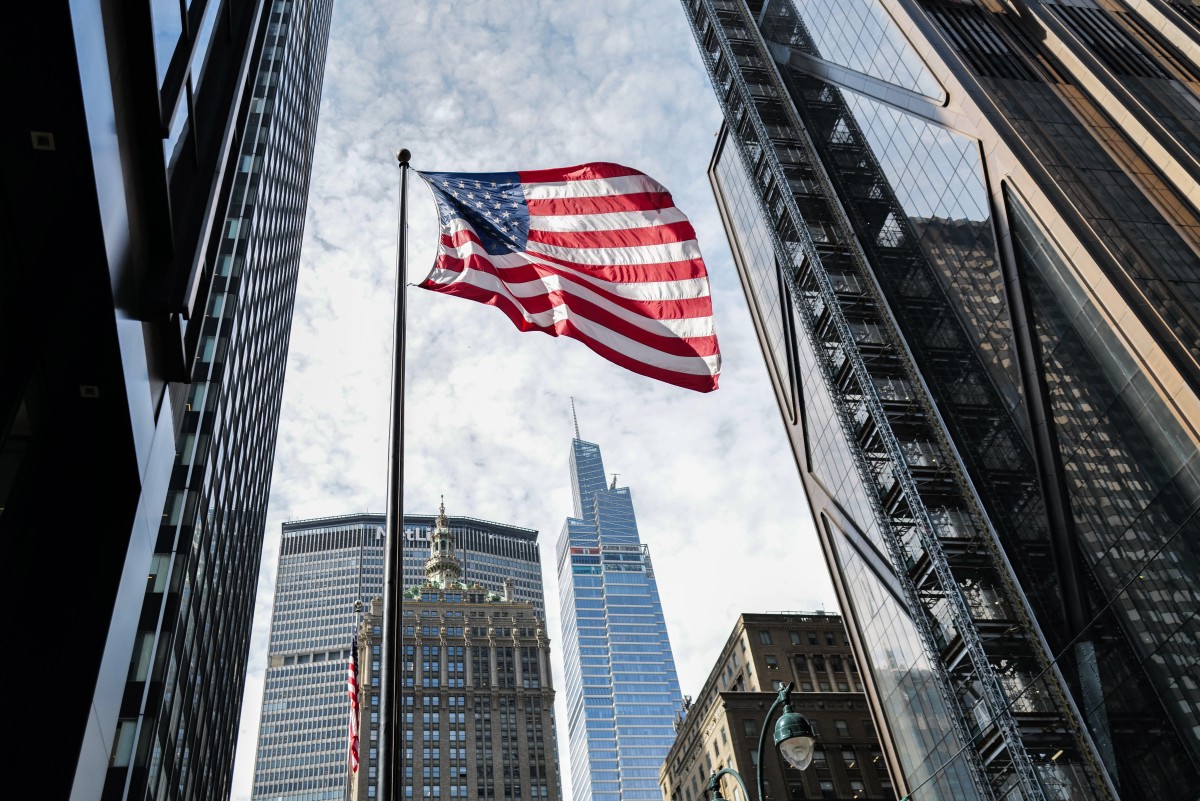The United States of America flag in the Manhattan borough of New York on April 10, 2024. (Photo by Charly TRIBALLEAU / AFP)
