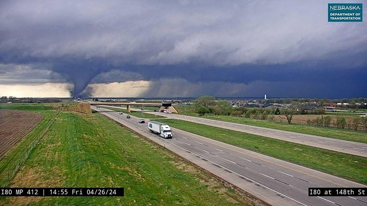 This traffic cam image obtained from the Nebraska Department of Transportation shows a Tornado crossing Interstate Highway 80 near Waverly, Nebraska, on April 26, 2024. (Photo by Handout / Nebraska Department of Transportation / AFP) 
