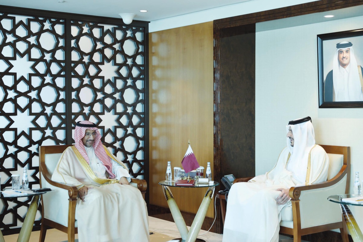 Minister of Commerce and Industry, H E Sheikh Mohammed bin Hamad bin Qassim Al Thani, with Minister of Industry and Mineral Resources, H E Bandar bin Ibrahim Alkhorayef in the Kingdom of Saudi Arabia during their meeting. 
