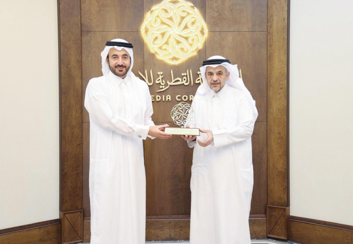 CEO of the Qatar Media Corporation (QMC) H E Sheikh Abdulaziz bin Thani Al Thani with President of Qatar University (QU) H E Dr. Omar Mohamed Al Ansari at QMC premises.