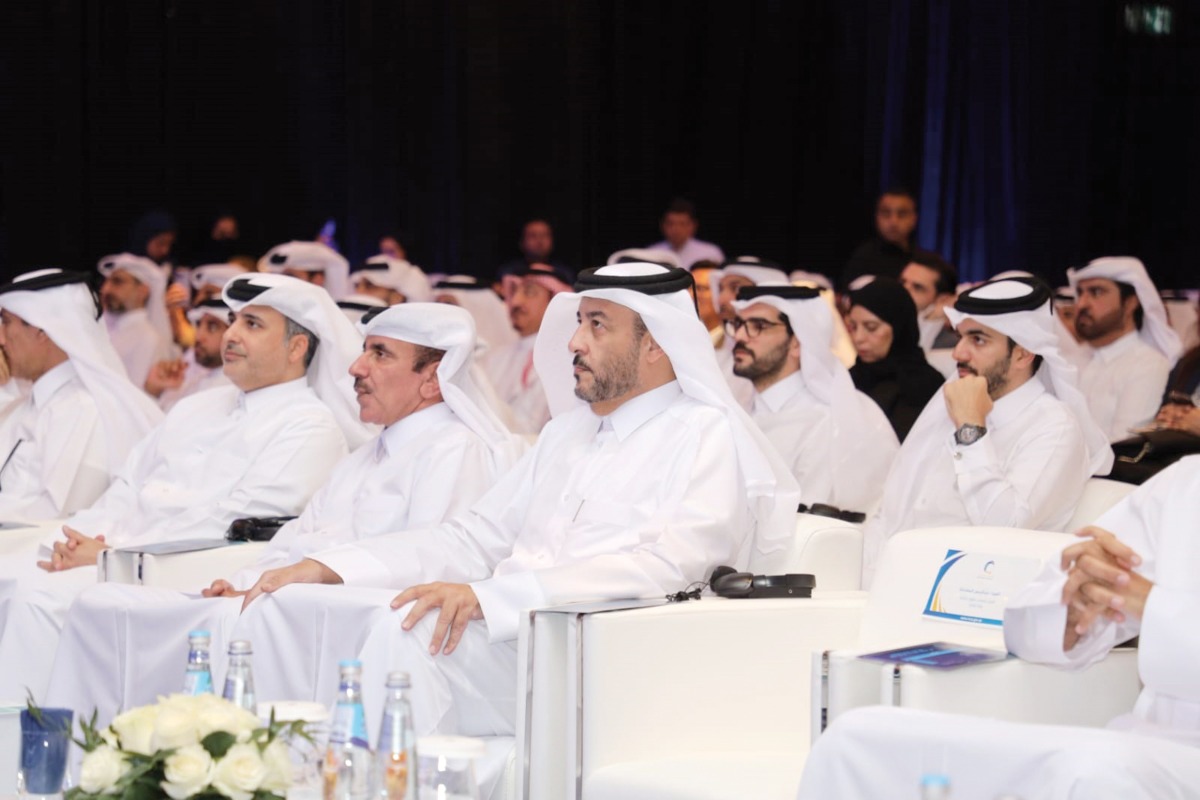 Minister of Transport H E Jassim bin Saif Ahmed Al Sulaiti (centre), Minister of Environment and Climate Change H E Dr. Abdullah bin Abdulaziz bin Turki Al Subaie (left), NCSA President Eng. Abdul Rahman Ali Muhammad Al Farahid Al Maliki, and others attend the awards ceremony in Doha yesterday.