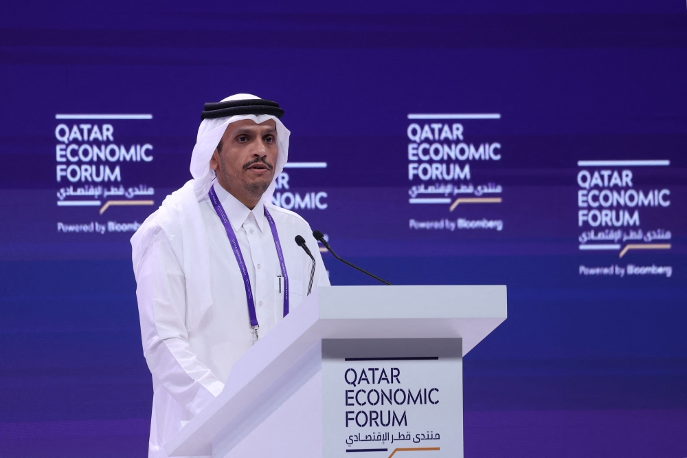 Prime Minister and Minister of Foreign Affairs HE Sheikh Mohammed bin Abdulrahman bin Jassim Al-Thani addresses the opening session of the Qatar Economic Forum in Doha on May 14, 2024. (Photo by Karim Jaafar / AFP)
