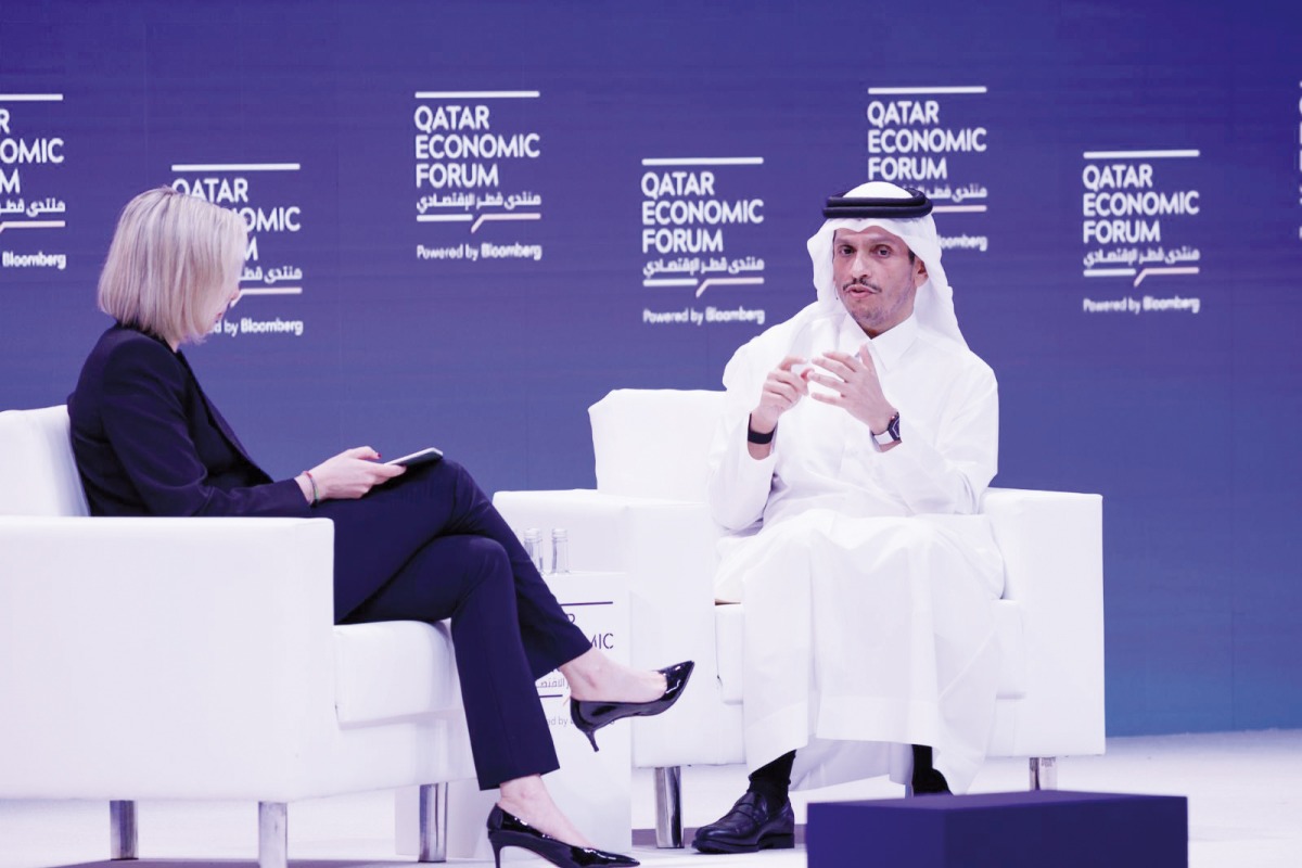 Prime Minister and Minister of Foreign Affairs H E Sheikh Mohammed bin Abdulrahman bin Jassim Al Thani  during a panel disucssion at the fourth edition of the Qatar Economic Forum, yesterday.  