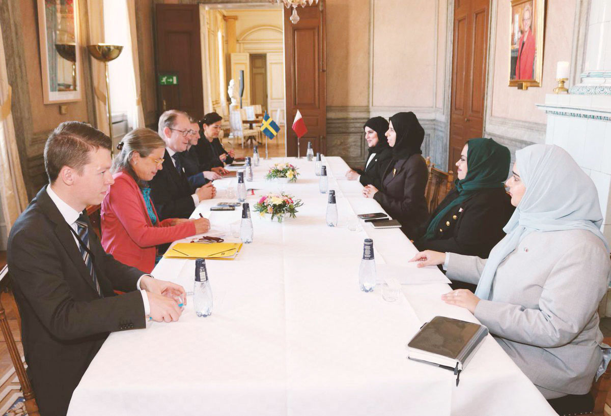 Minister of State for International Cooperation at the Ministry of Foreign Affairs H  E Lolwah bint Rashid Al Khater meeting Minister of Foreign Affairs of Sweden H E Tobias Billstrom, in Stockholm yesterday. 
