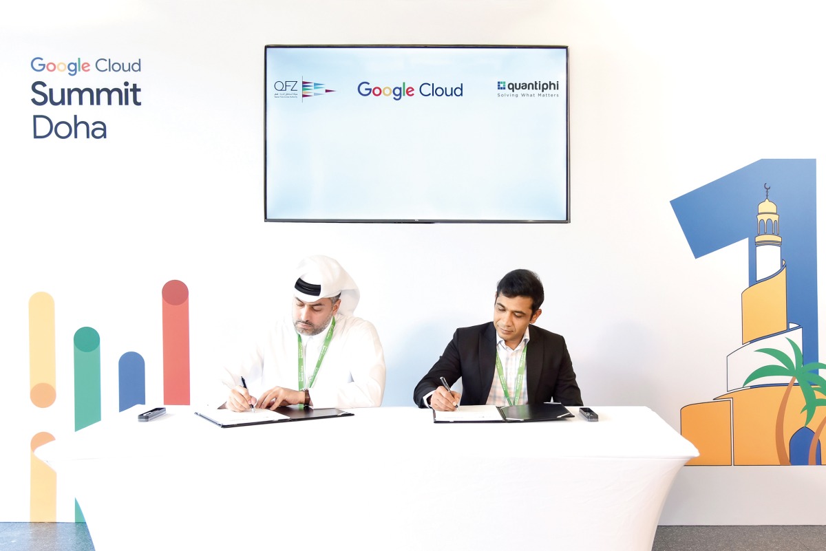 Sheikh Mohammed bin Hamad bin Faisal Al Thani, CEO of Qatar Free Zones Authority and Ritesh Patel, Co-Founder of Quantiphi signing the agreement.