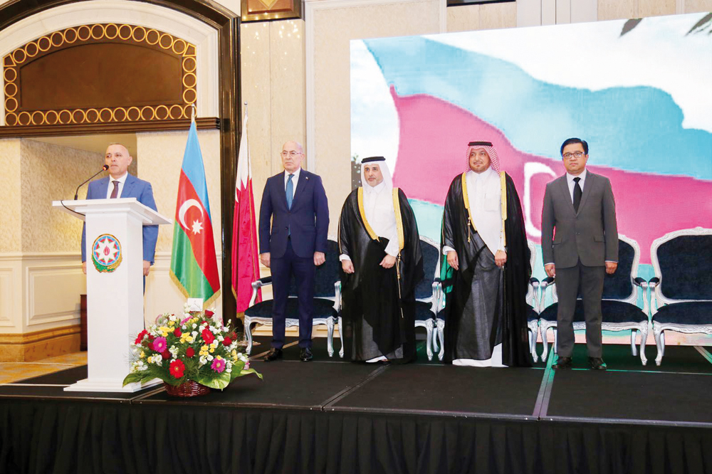 Minister of Environment and Climate Change H E Dr. Abdullah bin Abdulaziz bin Turki Al Subaie; Director of the Protocol Department at the Ministry of Foreign Affairs H E Ibrahim Yousif Fakhro; Ambassador of Azerbaijan to Qatar H E Mahir Aliyev; Ambassador of Brunei Darussalam and Dean of the Asian Ambassadors Group H E Mohamed Haji Abu Bakar during the diplomatic reception. 