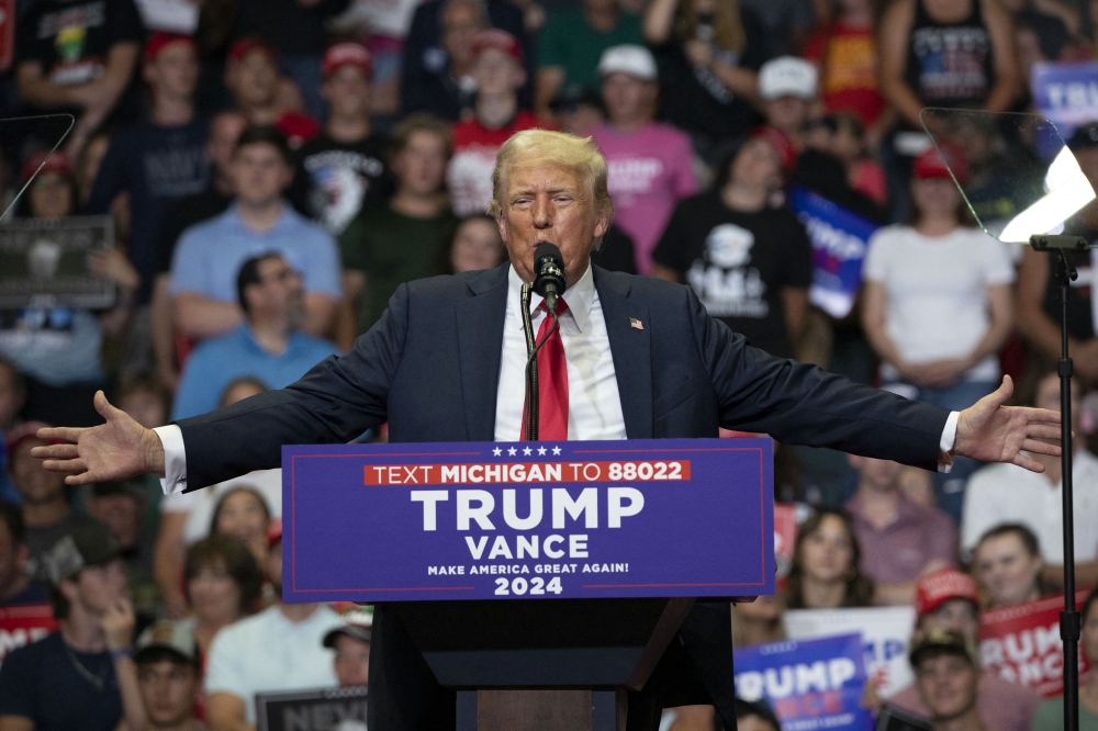 Republican Presidential nominee former President Donald J. Trump holds his first public campaign rally with his running mate, Vice Presidential nominee U.S. Senator J.D. Vance (R-OH) (not pictured), at the Van Andel Arena on July 20, 2024 in Grand Rapids, Michigan. Photo by Bill Pugliano/Getty Images
