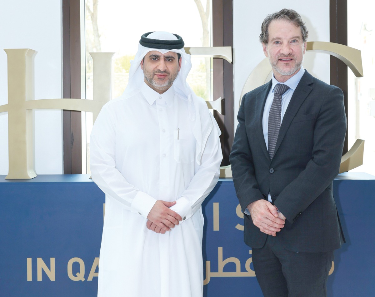 QCB Governor H E Sheikh Bandar bin Mohammed bin Saoud Al Thani with Dean of HEC Paris in Qatar Dr. Pablo Martín de Holan (right) during the visit.