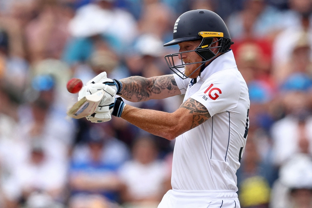 (FILES) England's captain Ben Stokes plays a shot on the second day of the third Test cricket match between England and West Indies at Edgbaston in Birmingham, central England on July 27, 2024. (Photo by Darren Staples / AFP)