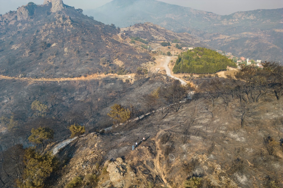 This aerial photograph shows a forest area partially burnt and with smoke emanating from wildfires in Türkiye's western province of Izmir on August 17, 2024. Photo by Yasin AKGUL / AFP.
